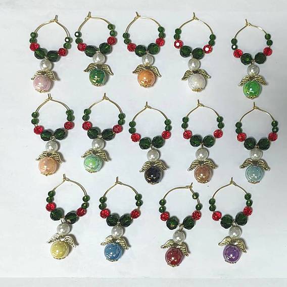 Angel Acrylic Wine Glass Charms, with Glass Beads and Brass Wine Glass Charms Ring