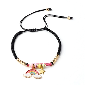 Adjustable Nylon Thread Braided Bead Bracelets, with Polymer Clay & Brass Beads and Alloy Enamel Rainbow Pendant