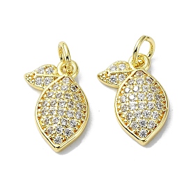 Rack Plating Brass Micro Pave Clear Cubic Zirconia Pendants, Long-Lasting Plated, Lead Free & Cadmium Free, Leaf