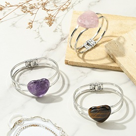 Natural Mixed Gemstone Heart Brass Hinged Cuff Bangles, Platinum