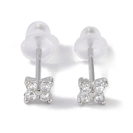 Rhodium Plated Clover 999 Sterling Silver Cubic Zirconia Stud Earrings for Women, with 999 Stamp