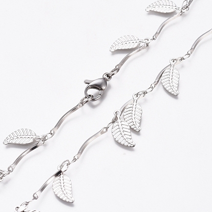 304 Stainless Steel Leaf Charm Necklaces, Bar Link Chain Necklaces, with Lobster Claw Clasps