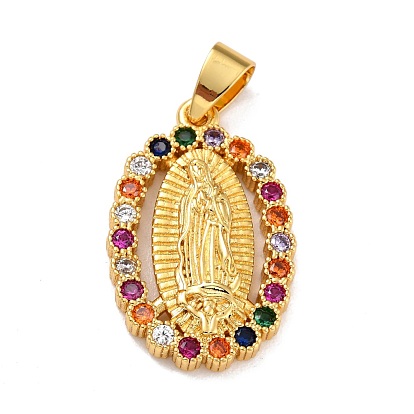 Brass Micro Pave Colorful Cubic Zirconia Pendants, Lady of Guadalupe Charms, Oval with Virgin Mary