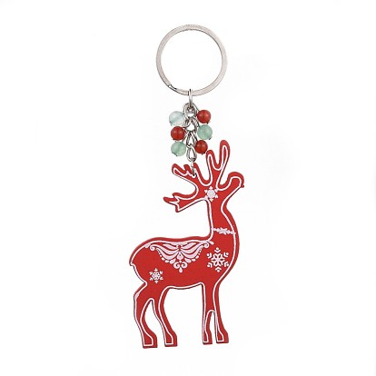 Dyed Poplar Wood Keychain, with Iron Keychain Findings, Natural Green Aventurine and Carnelian Beads, Christmas Reindeer/Stag