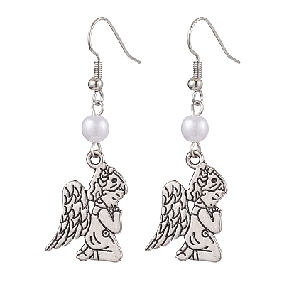 Alliage Pendants d'oreilles style tibétain, avec de l'acrylique perle des perles d'imitation, ange