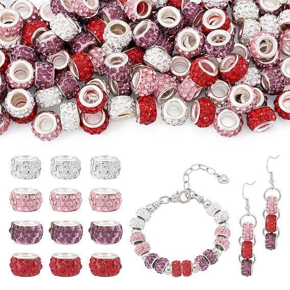 100 шт. 4 цвета, полимерная глина, стразы, европейские бусины с большими отверстиями и латунными сердечниками с серебряным покрытием, рондель