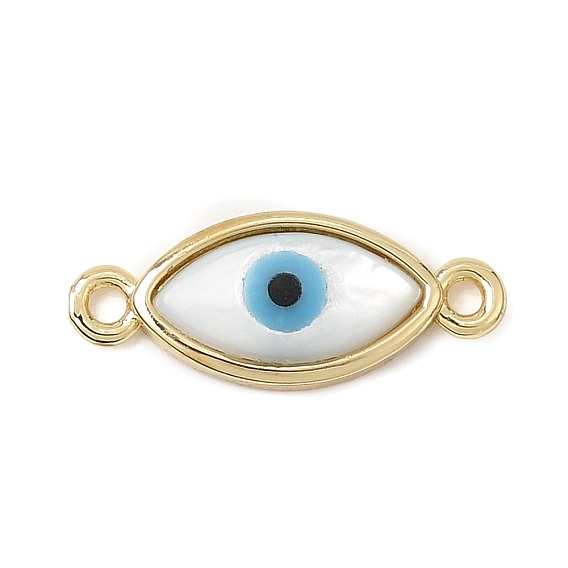 Brass & Natural White Shell & Resin Connector Charms, Evil Eye Links, Rack Plating, Long-Lasting Plated, Cadmium Free & Lead Free