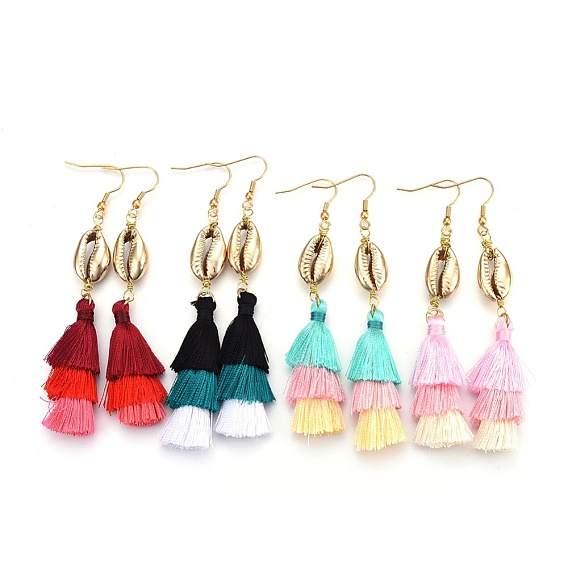 Tassels Dangle Earrings, with Electroplated Shell Beads and Stainless Steel Findings