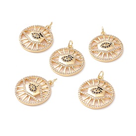 Brass Micro Pave Cubic Zirconia Pendants, with Jump Ring, Long-Lasting Plated, Lead Free & Cadmium Free & Nickel Free, Flat Round with Eye