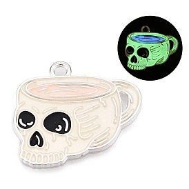 Luminous Alloy Enamel Pendants, Platinum, Glow in the Dark, Skull Drink Charm