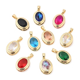 Rack Plating Brass Pendants, Oval Shaped Glass Charms, Long-Lasting Plated, Cadmium Free & Lead Free, Real 18K Gold Plated