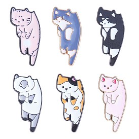 6Pcs 6 Style Cat Enamel Pins, Light Gold Alloy Animal Badges for Clothes Jackets Hats
