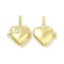 Brass Micro Pave Clear Cubic Zirconia Locket Pendants, Heart with Word LOVE Charms