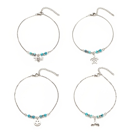 304 bracelet de cheville à breloques de formes mixtes en acier inoxydable avec perles rondes en jade blanc naturel pour femme
