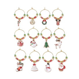 Christmas Theme Electroplate Glass Beads & Alloy Enamel Wine Glass Charms, with Brass Wine Glass Charm Rings