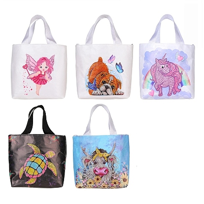 DIY Fairy/Dog/Unicorn/ Sea Turtle/Cattle Pattern Diamond Painting Handbag Kits, including Rectangle Bag, Acrylic Rhinestones, Diamond Sticky Pen, Tray Plate and Glue Clay