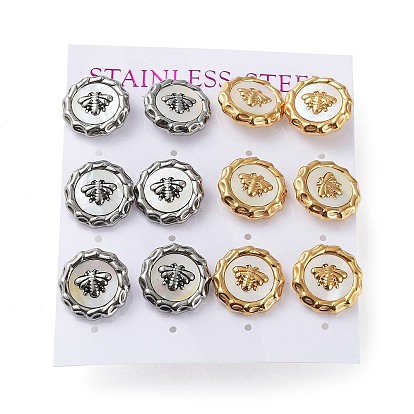 6 Pair 2 Color Bee Natural Shell Stud Earrings, 304 Stainless Steel Earrings