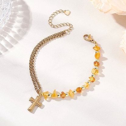 304 из нержавеющей стали крест шарм браслеты, Эластичные браслеты из натуральных янтарных бусин для женщин