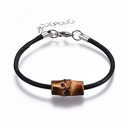 Cowhide Leather Cord Bracelets, with 304 Stainless Steel Finding, Natural Bodhi Beads