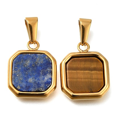 Природных драгоценных камней подвески, квадратных амулеты, с вакуумным покрытием PVD 304 настройки из нержавеющей стали, золотые