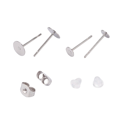 200Pcs 304 Stainless Steel Stud Earring Settings, Flat Pad Earring Post, with 400Pcs Plastic Ear Nuts