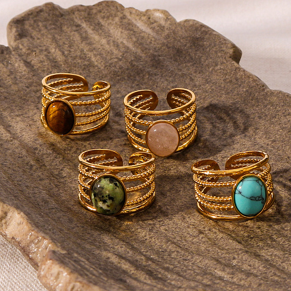 304 Открытые кольца-манжета из нержавеющей стали с драгоценным камнем, овальные, золотые