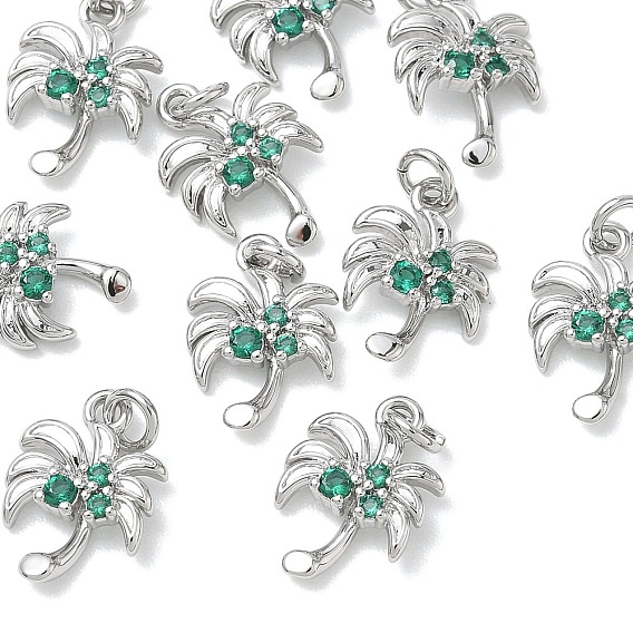 SHEGRACE Brass Cubic Zirconia Pendants, Coconut Tree Charms, Cadmium Free & Lead Free & Nickel Free