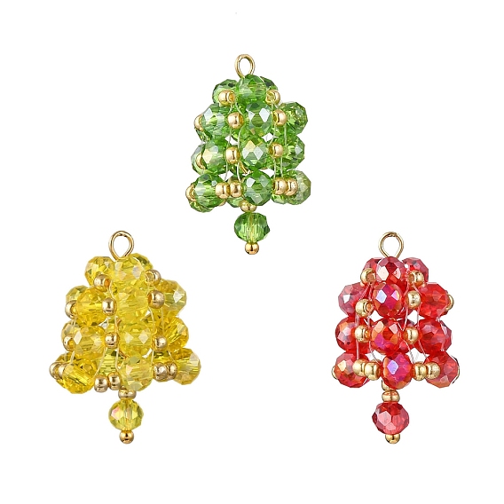 3шт. 3цвета граненые гальванические стеклянные подвески, Рождественский колокольчик, с золотой 304 петлей из нержавеющей стали