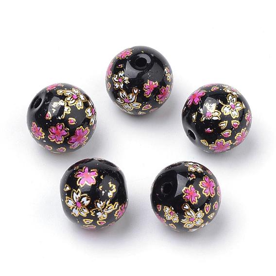 Printed Glass Beads, Round with Flower Pattern