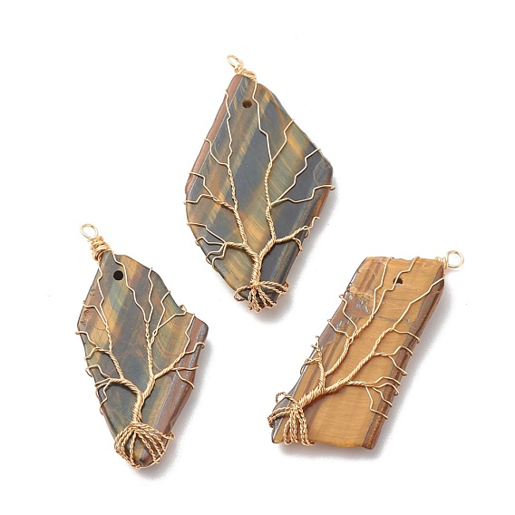 Natural Tiger Eye Big Pendants, with Golden Tone Copper Wire Wrapped, Nuggets with Tree
