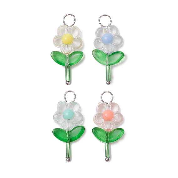 Прозрачные акриловые бусины с окрашенными распылением прозрачными стеклянными бусинами и стеклярусом, а также 304 подвески с шарообразными головками из нержавеющей стали, цветок