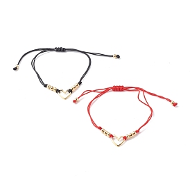 Adjustable Nylon Thread Braided Bead Bracelets, with Brass Beads, Heart