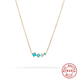 925 Sterling Silver Four-Prong Set Turquoise and White Diamond Curved Necklace
