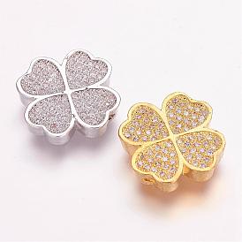 Brass Micro Pave Cubic Zirconia Beads, Clover, Clear