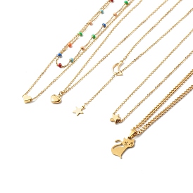 Heart & Star & Moon & Cat Pendant Necklace Sets for Women Girl, with 304 Stainless Steel Chains