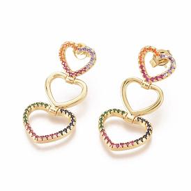 Brass Micro Pave Cubic Zirconia Dangle Stud Earrings, Long-Lasting Plated, with Ear Nuts, Heart, Real 18K Gold Plated