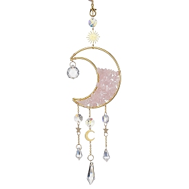 Wire Wrapped Natural Gemstone Chip & Brass Moon Pendant Decorations, with Glass Cone Charms, for Home Decorations