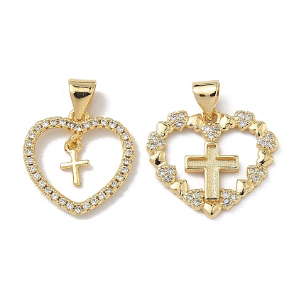 Латунные микро проложить кубического циркония подвески, сердце с крестными прелестями, без кадмия и без свинца, долговечный, стойки покрытие