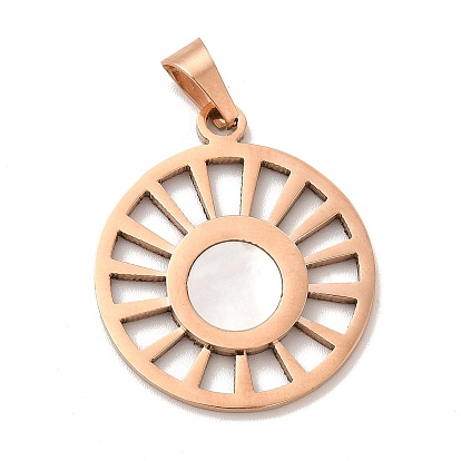 Ion Plating(IP) 304 Stainless Steel Pendants, with White Shell, Flat Round Wheel Charms