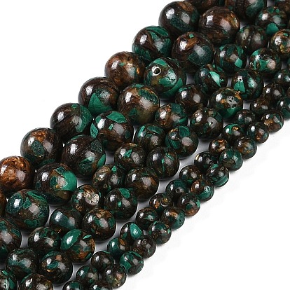 Собранные нити бусин из натурального малахита и бронзита, круглые