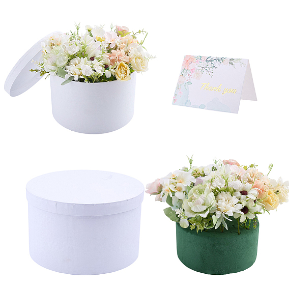 1Caja redonda de papel blanco para envolver regalos con tapa (1 unidad), con 5tarjetas de agradecimiento de papel y 1flores de espuma para manualidades