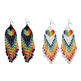 Boho Rainbow Color Seed Bead Heart Tassel Earrings, Iron Dangle Earring for Women