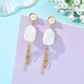 Серьги-подвески из натуральных барочных жемчужных самородков, 304 Серьги-гвоздики с кисточками из нержавеющей стали и латуни