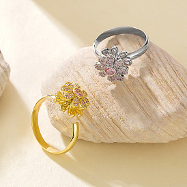 Brass Micro Pave Cubic Zirconia Rotating Finger Rings, Flower, Fidget Spinner Ring for Calming Worry Meditation