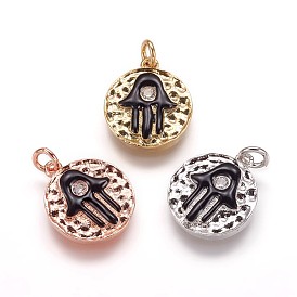 Забитые латунные подвески, с эмалью и фианитами, плоский круглый с hamsa рука / рука fatima