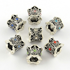 Antique Silver Plated Alloy Rhinestone Large Hole European Beads, Column with Flower, 9x10mm, Hole: 5mm