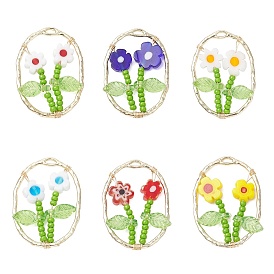 6Pcs 6 Colors Glass Seed Beaded & Handmade Millefiori Glass Pendants, Oval with Flower, with Alloy