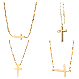 4Pcs 4 Styles Brass & 304 Stainless Steel Sideways Cross Box Chain Necklaces for Women