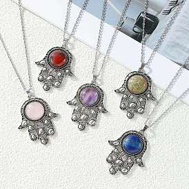 Natural Gemstone Pendant Necklaces, Stainless Ssteel Cable Chains, Hamsa Hand