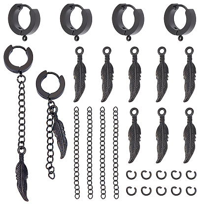 Feather Dangle Hoop Earring Making Kit, Including 304 Stainless Steel Pendants & Huggie Hoop Earrings Findings